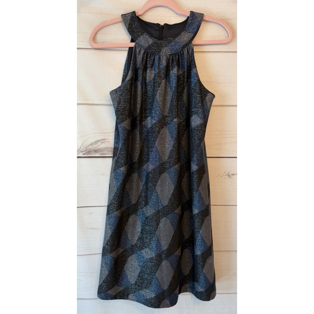 Elie Tahari Metallic Geometric Halter Dress Blue Silver EROKA607 Womens 4